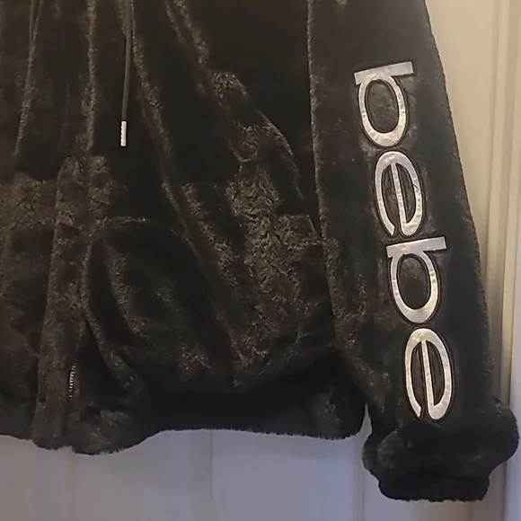 Bebe Plush Black Hooded Jacket Size Large - Picture 3 of 8